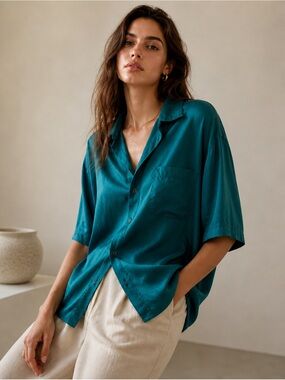 Vintage 100% Silk Button Up Shirt Minimal Luxe Oversized 90s European Blouse